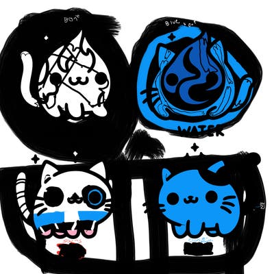 4 cats that represent the different elements, earth, water, air, and fire