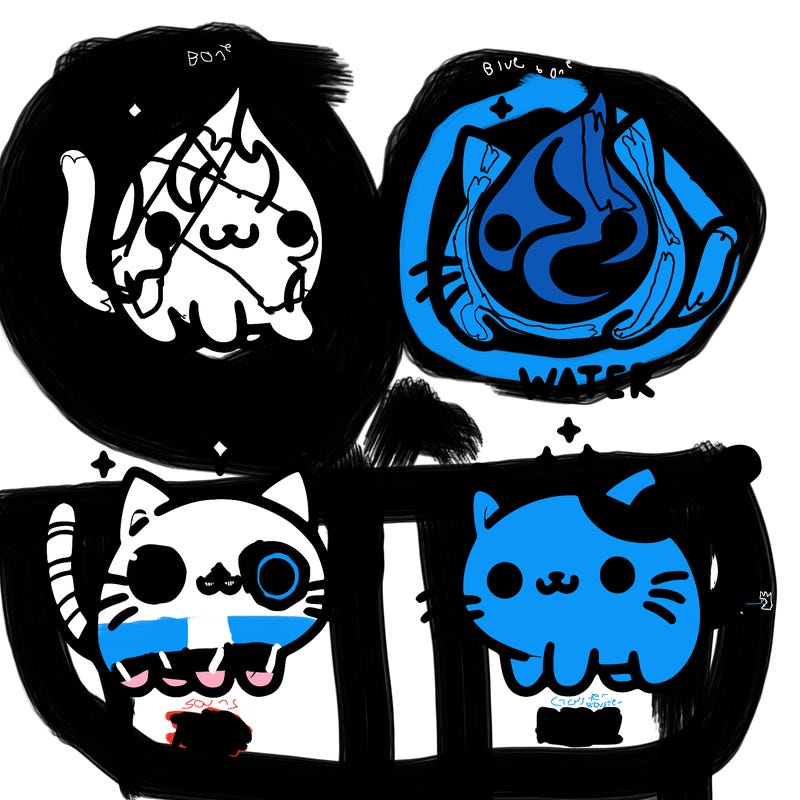 4 cats that represent the different elements, earth, water, air, and fire
