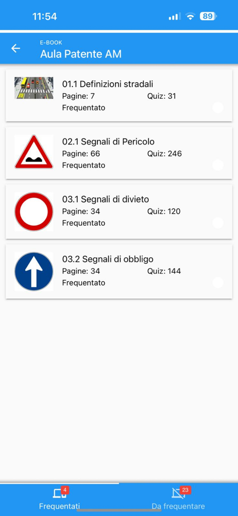 iPatente Quiz - A list of road sign theory topics and quizzes for the Italian driving license exam within the iPatente Quiz app