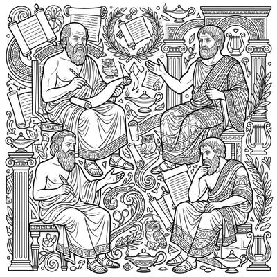 Immerse yourself in the world of classical thought with this detailed coloring page featuring revered ancient philosophers. Discover intricate patterns and symbolic elements inspired by Greek and Roman antiquity, perfect for a thoughtful coloring experience.