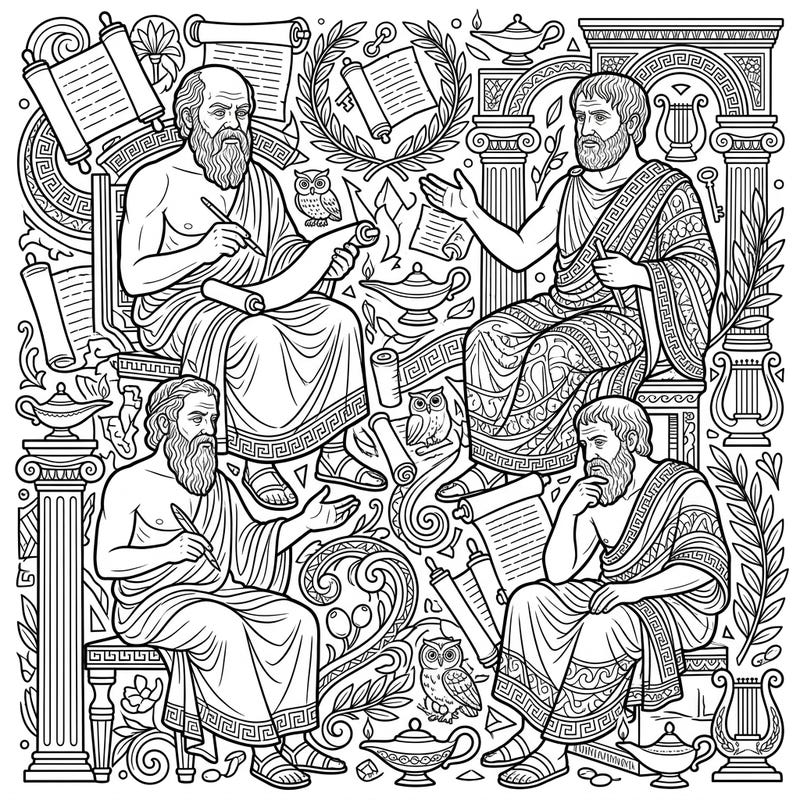 Immerse yourself in the world of classical thought with this detailed coloring page featuring revered ancient philosophers. Discover intricate patterns and symbolic elements inspired by Greek and Roman antiquity, perfect for a thoughtful coloring experience.
