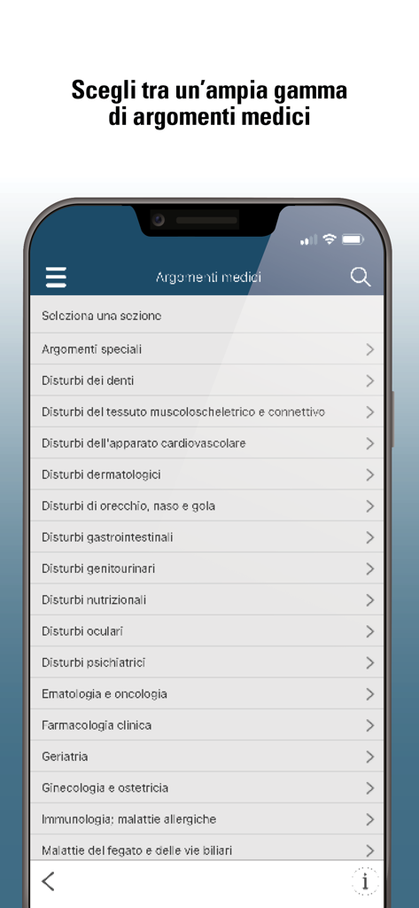 Captura de pantalla de la aplicación Manual MSD Profesionales que muestra una lista completa de categorías y temas médicos