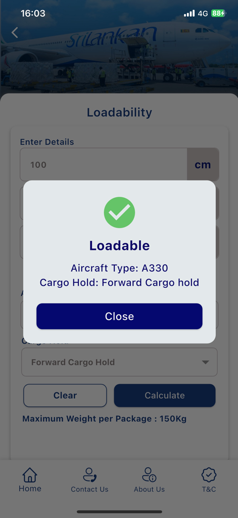 SriLankan Cargo - Successful cargo loadability confirmation for an A330 aircraft on the SriLankan Cargo app