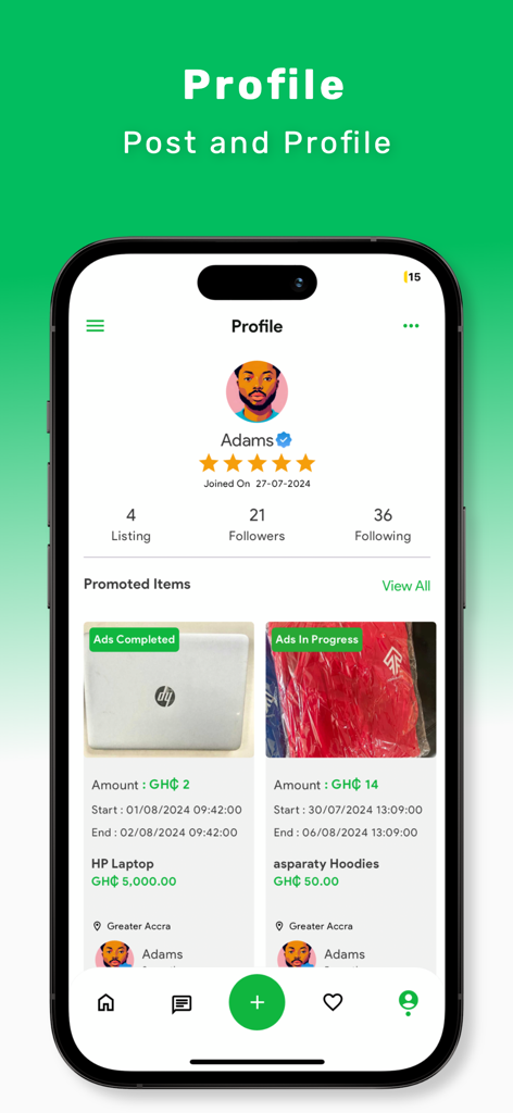 Kurom - Kurom mobile app interface showing a seller profile with ratings and listed products like laptops and hoodies for sale in Ghana.