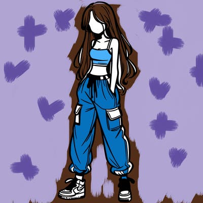 girl in baggy pants crop top and long hair