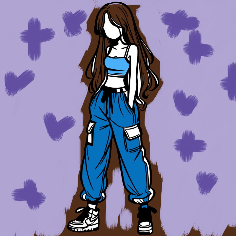 girl in baggy pants crop top and long hair