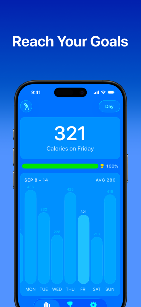 Steps: Step Counter, Pedometer - iPhone mostrando el progreso de objetivos de calorías y el gráfico de actividad semanal en la aplicación Pasos