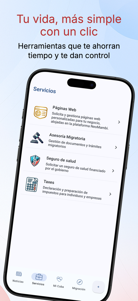 Neo Mambí - Neo Mambi App-Dienstleistungsbildschirm mit Optionen für Einwanderungsberatung, Krankenversicherung und Steuererklärung