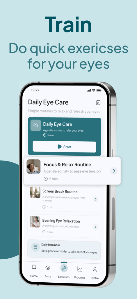 Eye Test & Vision Checker - Pantalla de smartphone mostrando ejercicios diarios de cuidado ocular y rutinas de relajación