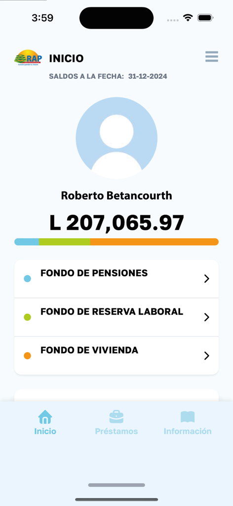 RAP App - Painel do aplicativo RAP mostrando o saldo da conta do usuário e resumos dos fundos de pensão, reserva trabalhista e habitação