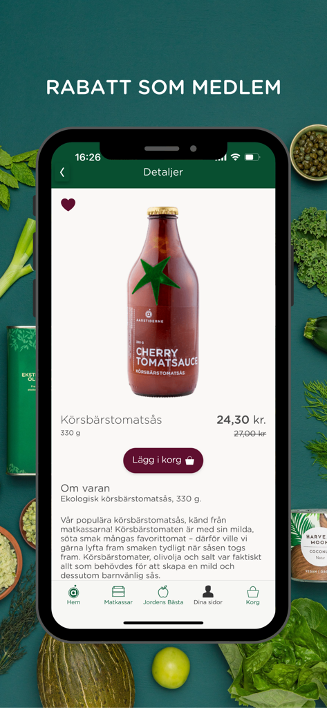 Årstiderna - Ekologisk mat - Product detail view of organic cherry tomato sauce on the Arstiderna mobile app