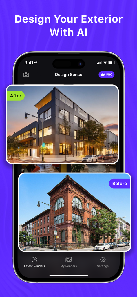 Confronto prima e dopo di un restyling esterno di un edificio utilizzando DesignSense AI