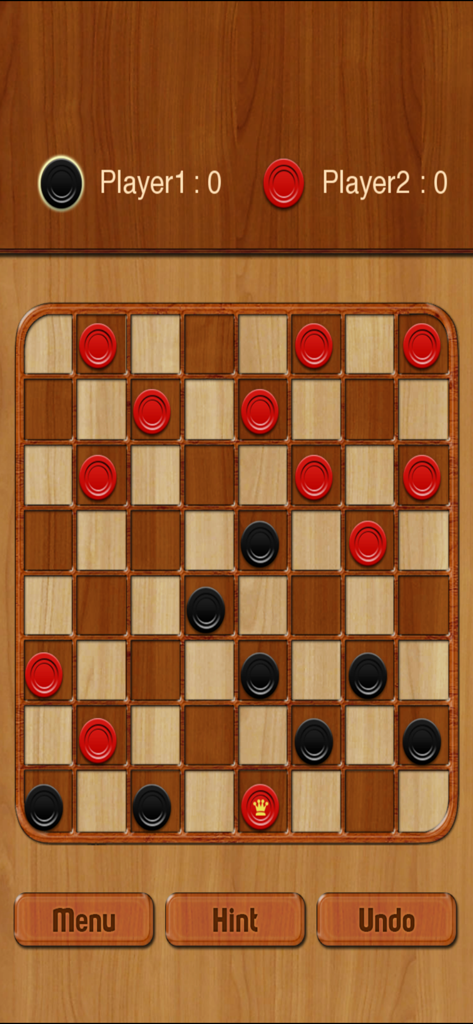 A digital checkers board with red and black pieces on a wood grain background showing two player scores.