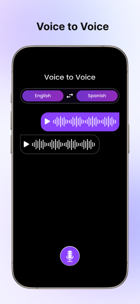 Juicy Chat AI : AI Fantasy - Interface of Juicy Chat AI app showing the voice to voice translation feature with audio waveforms