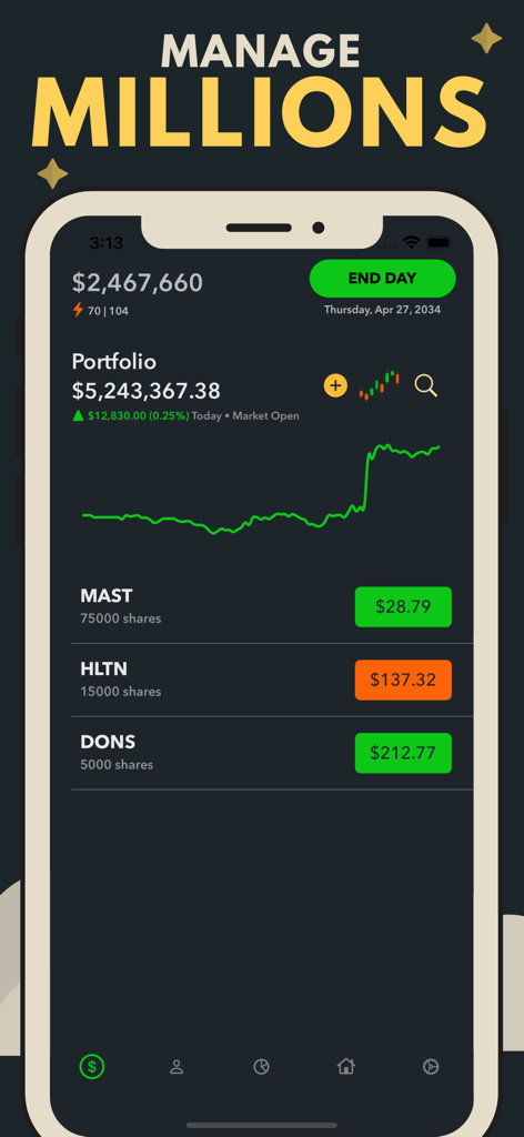 Mobile app interface of a stock market simulator showing a five million dollar portfolio and trading performance graph