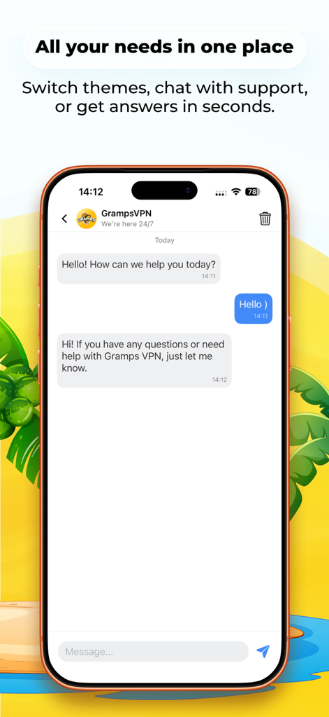 Gramps VPN: Unlimited Proxy - Aplicación Gramps VPN mostrando la pantalla de chat de soporte al cliente 24/7