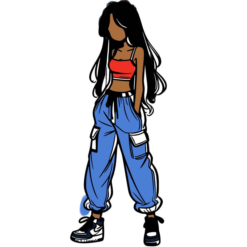 girl in baggy pants crop top and long hair