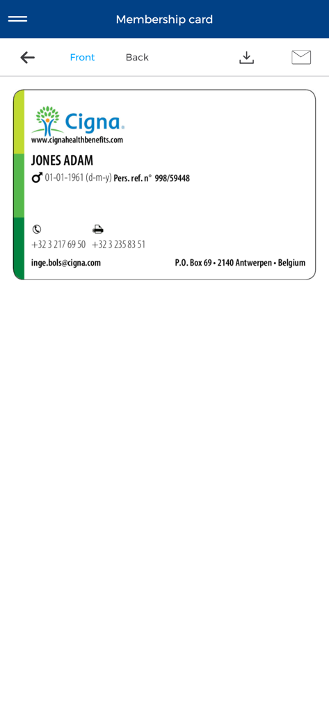 Cigna Health Benefits - Vista della tessera sanitaria digitale nell'app Cigna Health Benefits