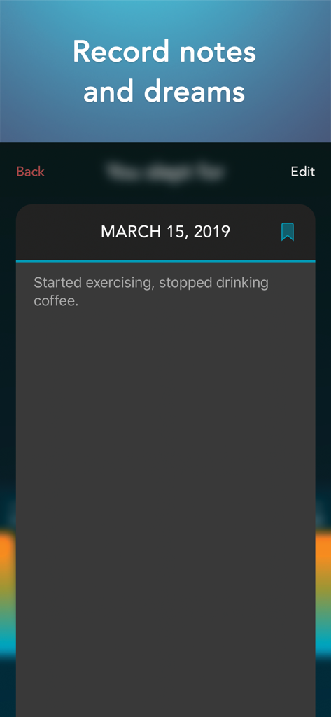 Sleep Science HQ: alarm clock - Una pantalla de diario de sueño en la aplicación Sleep Science HQ para registrar hábitos diarios y sueños.
