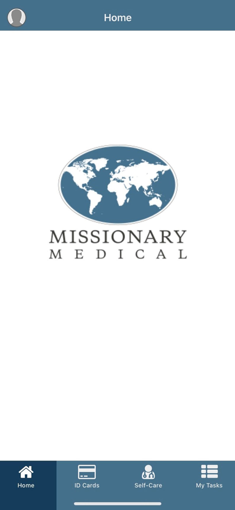 Missionary Care - The home screen of the Missionary Care app featuring the Missionary Medical logo with a world map and a navigation bar.