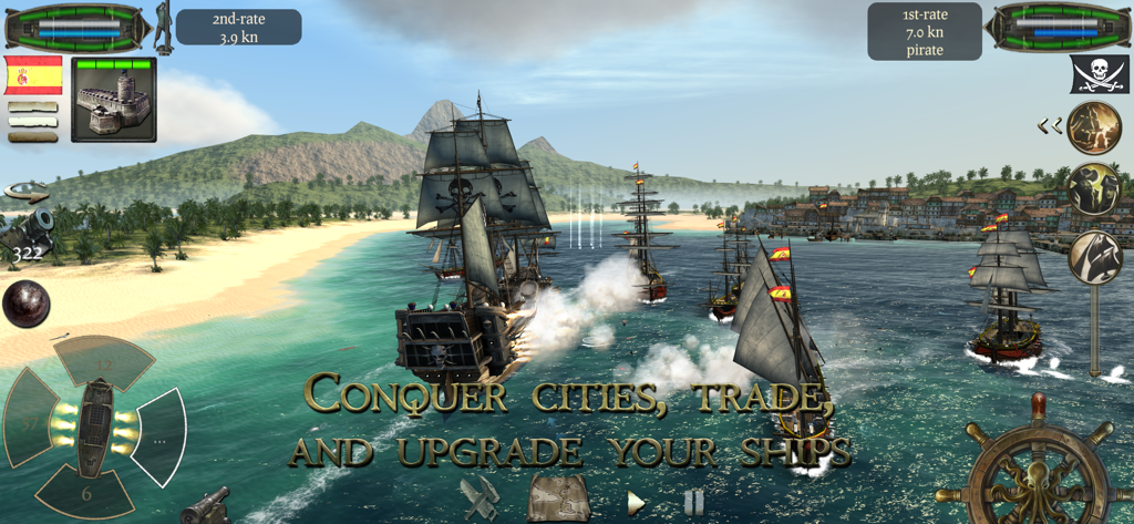 Several pirate ships sailing near a tropical coastal town in an open world naval game