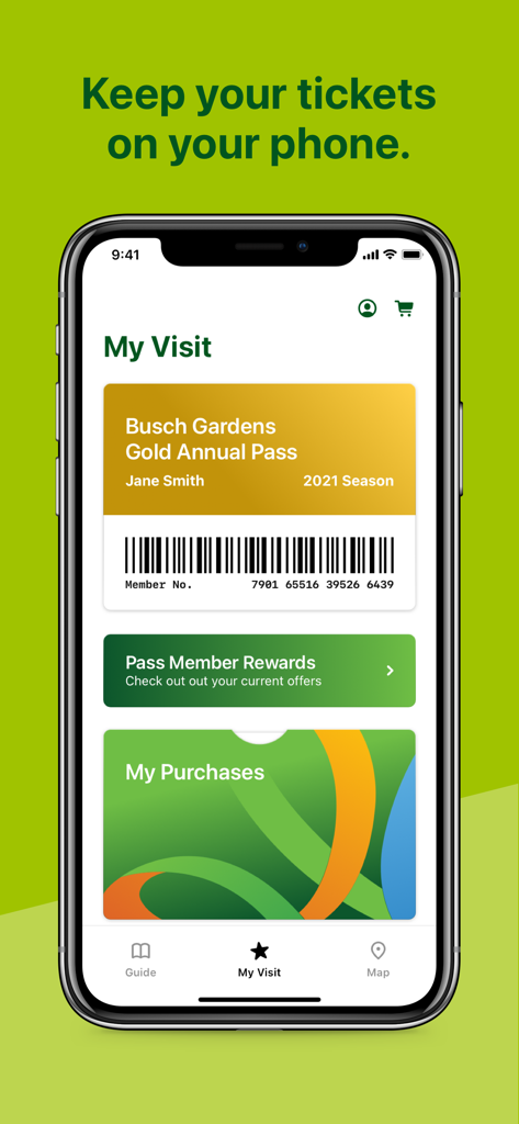 A smartphone displaying the Busch Gardens app My Visit screen with a digital annual pass and pass member rewards.