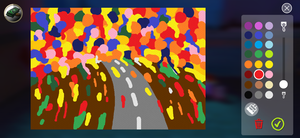 Passpartout: Starving Artist - A colorful abstract painting of a road being created within the Passpartout game interface with brush and color tools