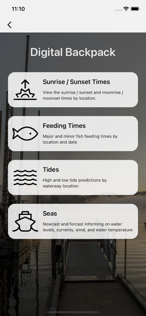 Digital Backpack screen of the GoOutdoorsSC app showing utility tools for sunrise, feeding times, tides, and sea conditions