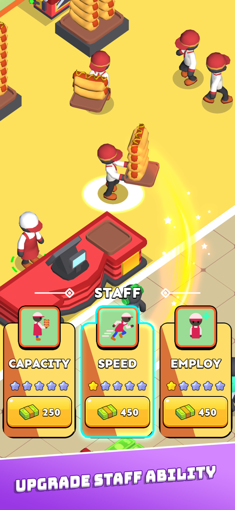 Staff upgrade menu in Hotdog Bitte Idle Tycoon showing capacity speed and employ options