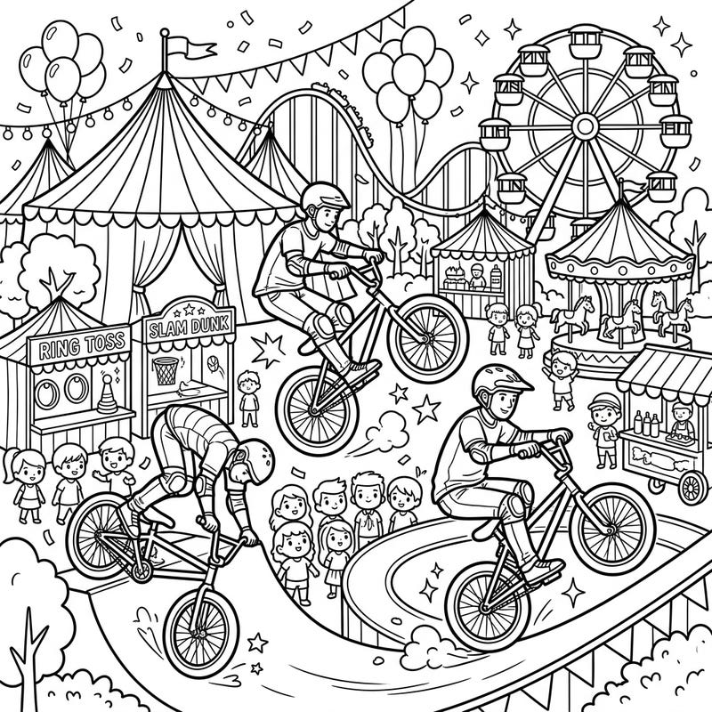 Dive into the exciting world of BMX stunts set against the festive backdrop of a bustling carnival! This dynamic coloring page captures the energy of riders performing incredible tricks amidst fairground attractions.
