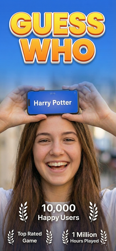 Guess Who: Charades & Trivia - Una joven sonriente jugando un juego de charadas con un teléfono inteligente en la frente mostrando la categoría de Harry Potter.