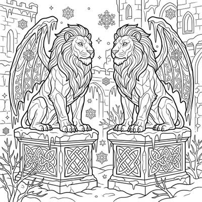 Step into a frozen fantasy with this stunning coloring page featuring two majestic Lion Gargoyles. Adorned with ice and snow, they guard a winter wonderland, awaiting your creative touch.