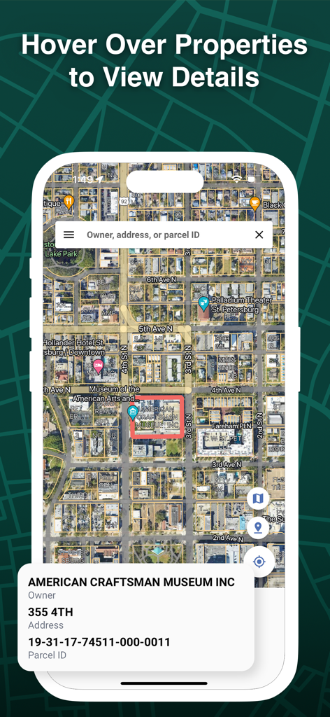 LandGlide: Find Property Lines - LandGlide App Satellitenansicht mit Grundstücksgrenzen und einem Popup mit Eigentümerinformationen