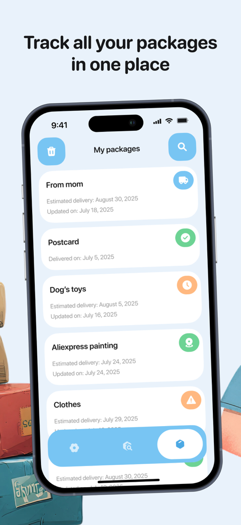 iPhone screen displaying the My Packages list in the Universal Package Tracker app with delivery status updates