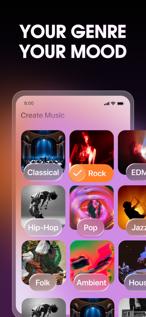 Tunecy app interface showing various music genres like rock, pop and hip-hop for selection