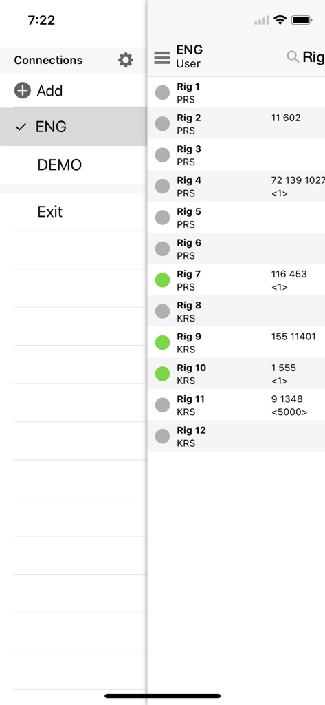ASC Manager Pro mobile interface showing a list of monitored drilling rigs and the connections menu