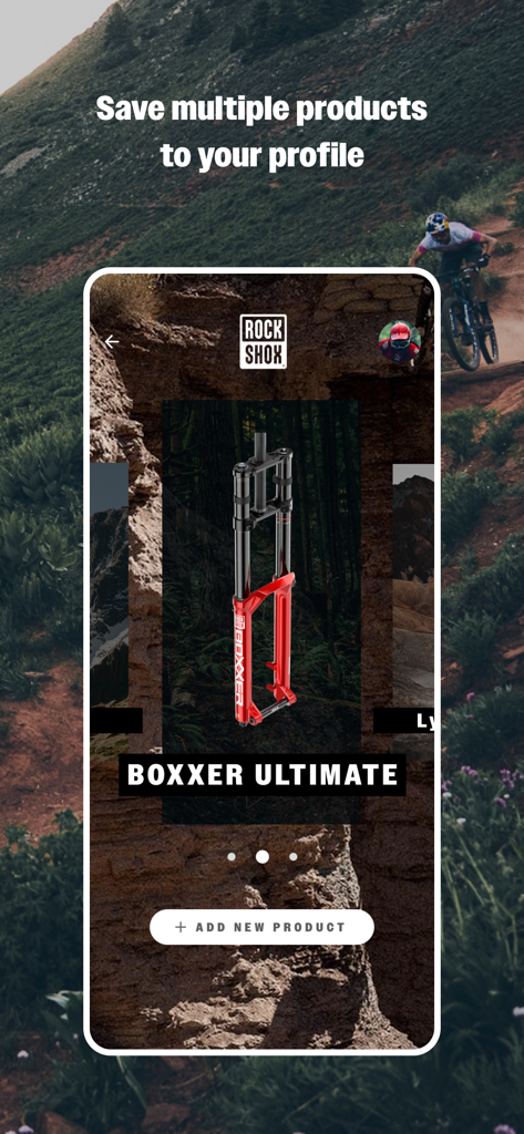 A screenshot of the RockShox TrailHead app showing a saved Boxxer Ultimate fork in the user profile with an option to add new products.