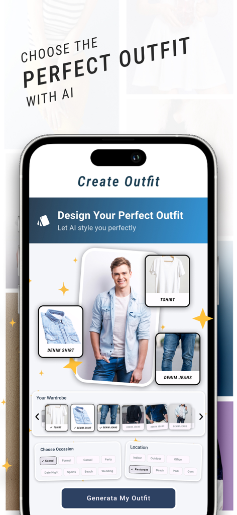 Eine mobile Oberfläche der FitCheck App, die das KI-Outfit-Erstellungstool mit Garderoben- und Anlassauswahl zeigt.