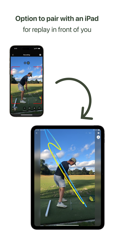 Interfaz de la aplicación Swing Replay mostrando la conexión de iPhone y iPad para análisis y repetición instantánea de swings de golf