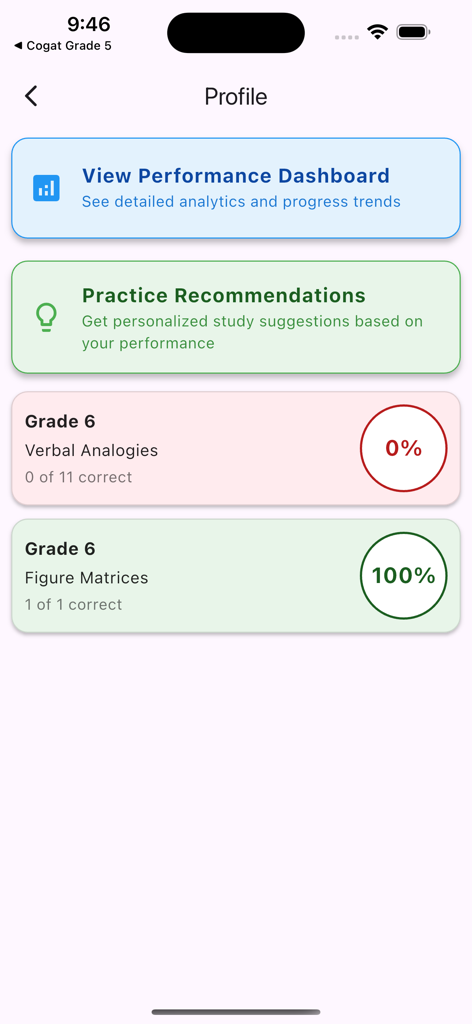 COGAT for Grade 6 - Profile page of the COGAT Grade 6 app with test scores and practice tips