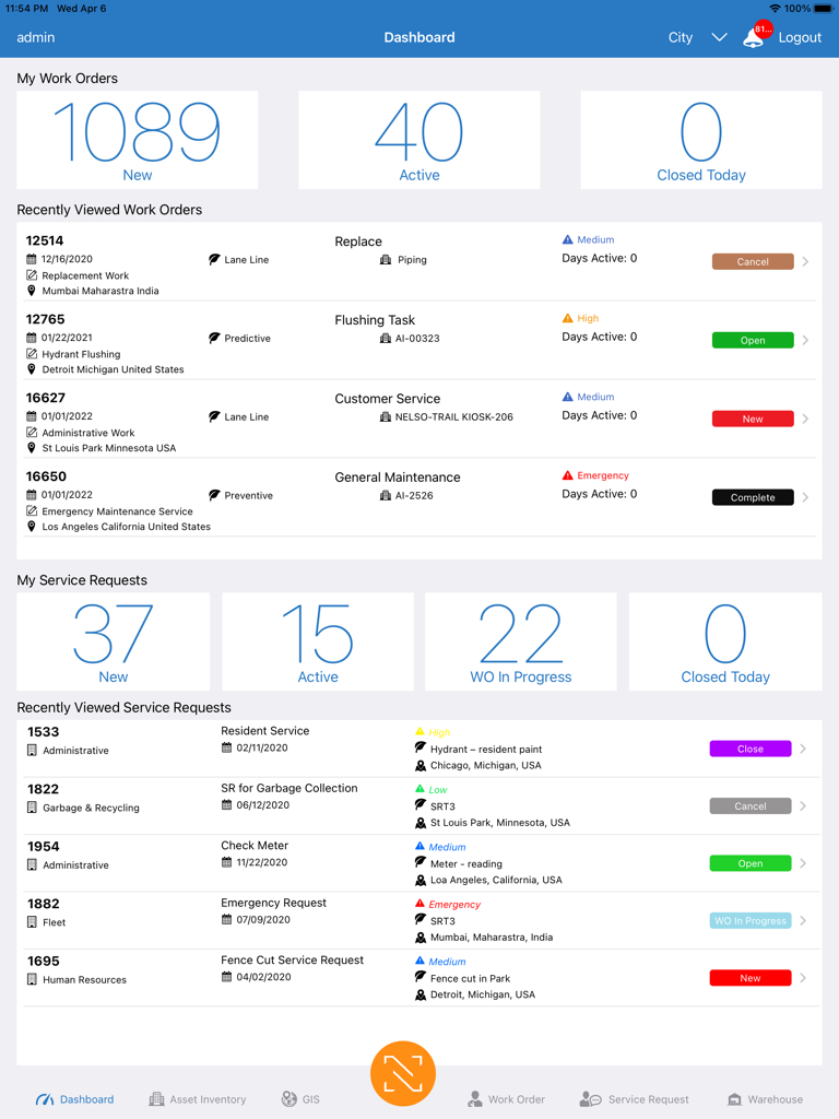 NEXGEN Mobile for iPad - Dashboard view of the NEXGEN Mobile for iPad app showing work orders and service requests summaries