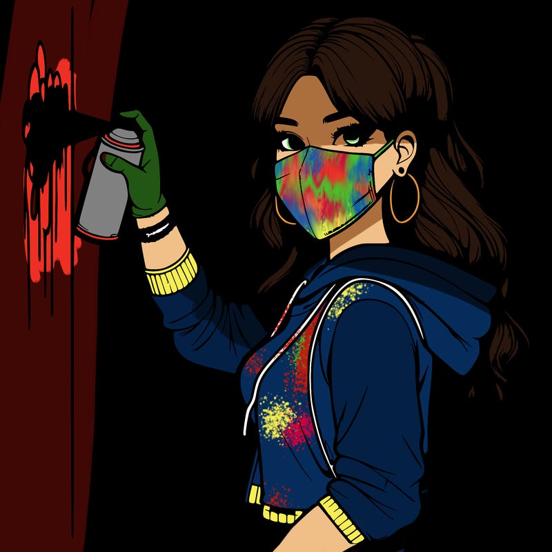 realistic girl with mask spray painting a wall