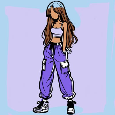 girl in baggy pants crop top and long hair