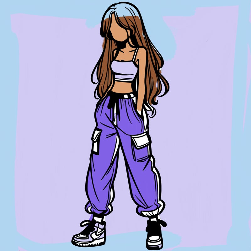 girl in baggy pants crop top and long hair
