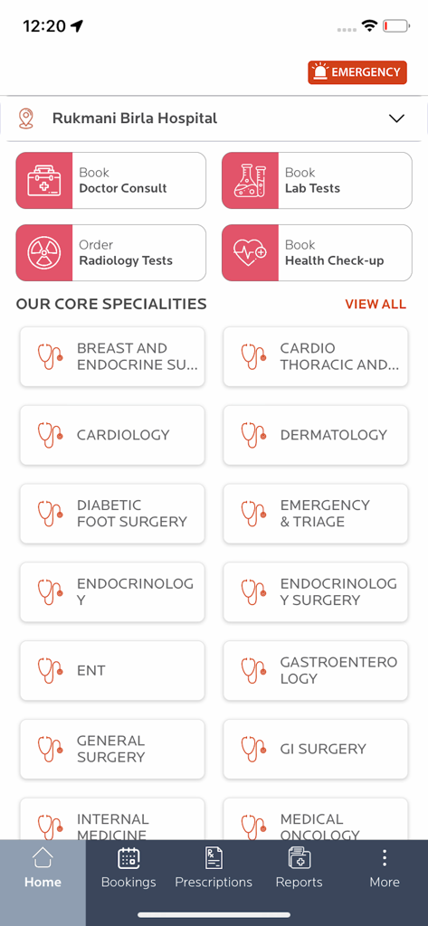 CK Birla Hospitals - CK Birla Hospitals app dashboard showing options to book doctor consultations, lab tests, and a list of medical specialties
