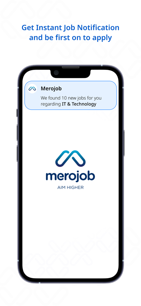 Merojob.com - Smartphone displaying a Merojob app notification for new IT and technology jobs