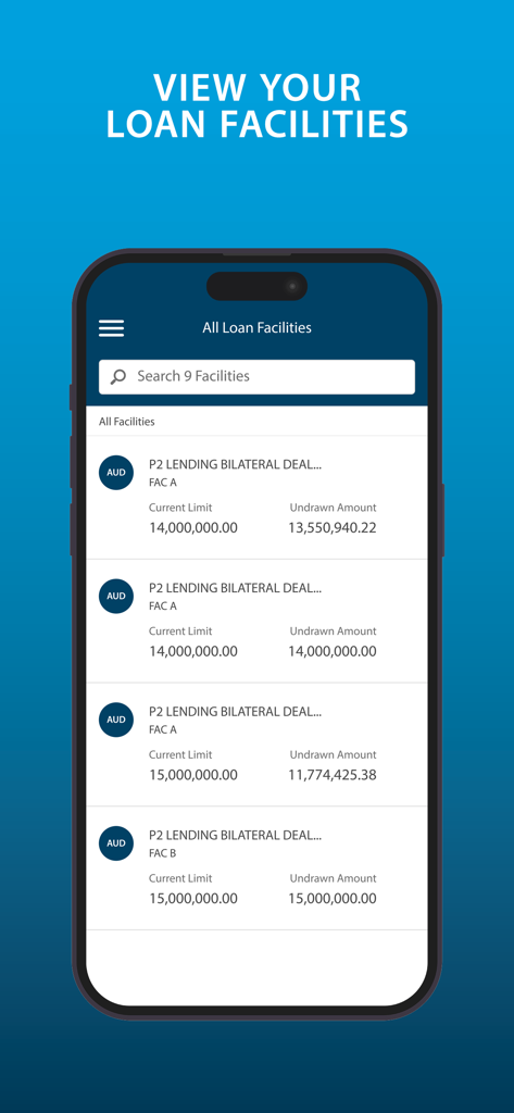 ANZ Transactive - Global - A corporate banking app screen showing a list of loan facilities with current limits and undrawn amounts in AUD