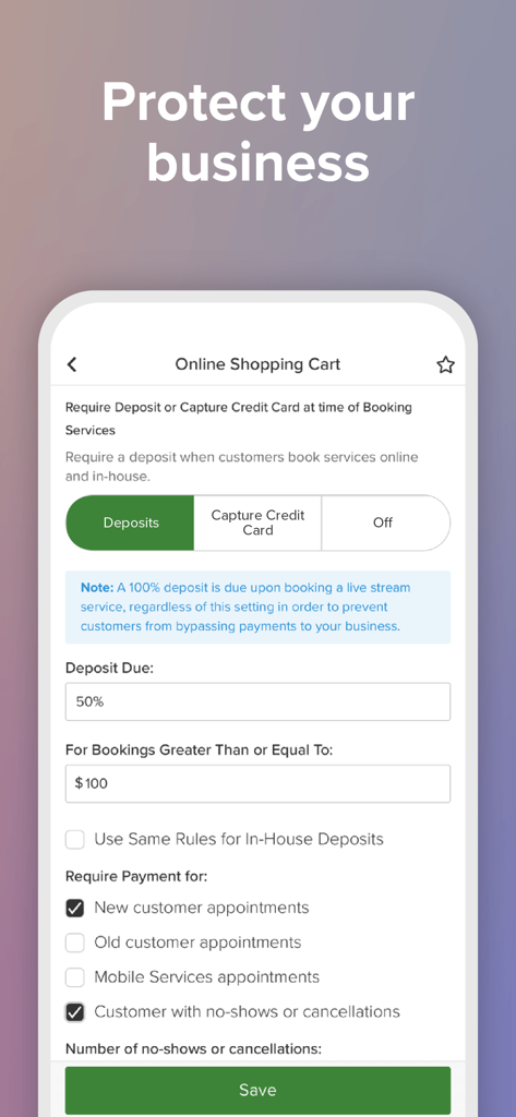 Interface of Vagaro Pro app showing online shopping cart settings to require service deposits and credit card capture for new clients and no-shows.