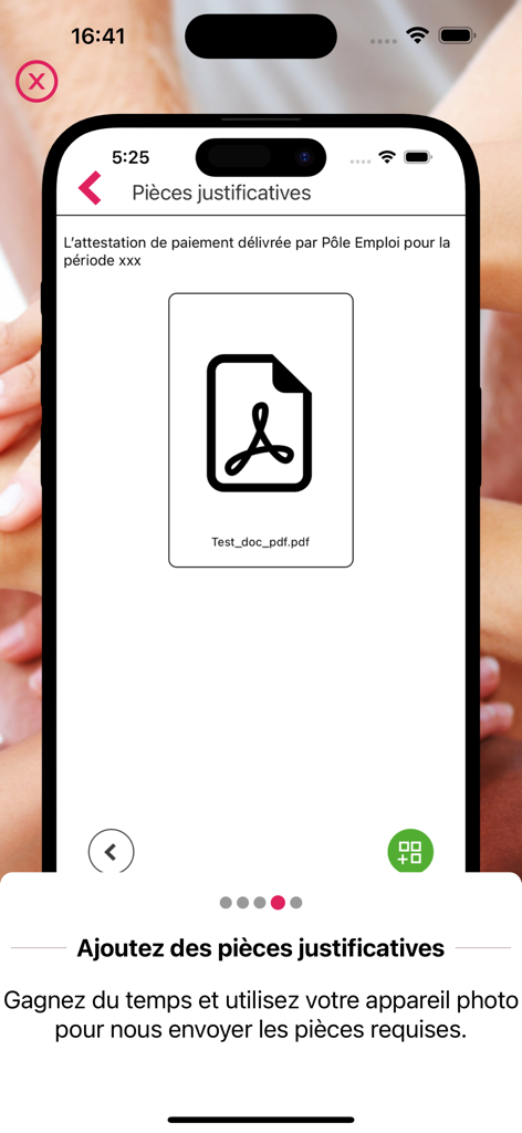IRCEM Espace Client - Interface mobile montrant comment télécharger des pièces justificatives dans l'application IRCEM.