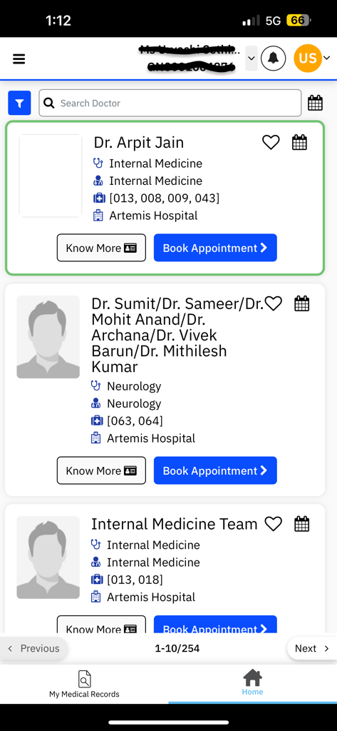 Interface of the Artemis PHR app showing a list of doctors with options to book appointments and view profiles